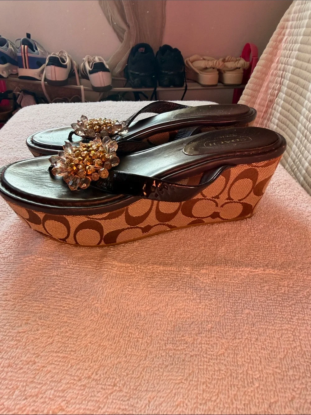 Coach Brown Signature Platform Wedge Sandals with Gold Bead Detail